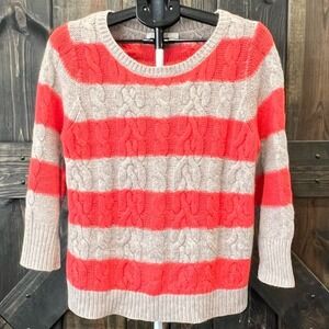 LOFT Wool Blend Cable Knit‎ Sweater Size L Coral Taupe Stripe Casual Chunky